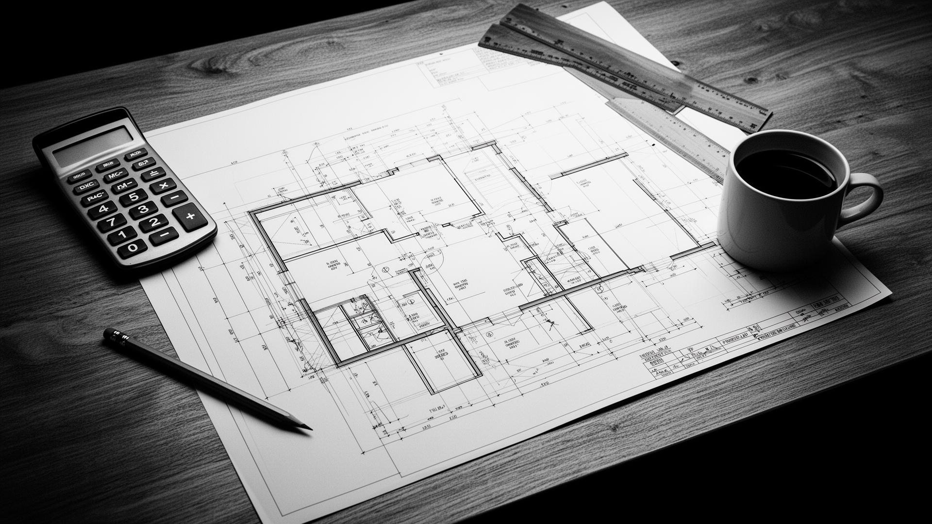 Architectural plans, calculator and coffee on a builder's desk